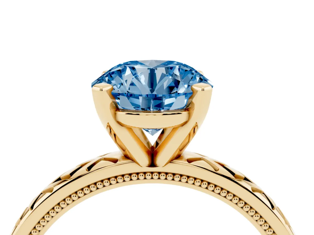 Fancy Blue Round Cut Solitaire Diamond Ring with Milgrain and Black Enamel X Pattern Band Yellow gold
