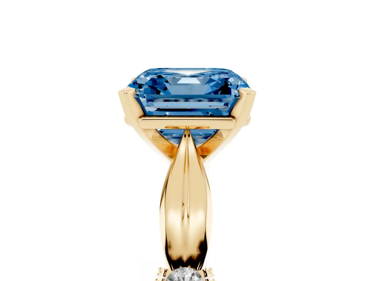Fancy Blue Asscher Cut Solitaire Diamond Twisted Band with Four-Prong Setting Yellow gold