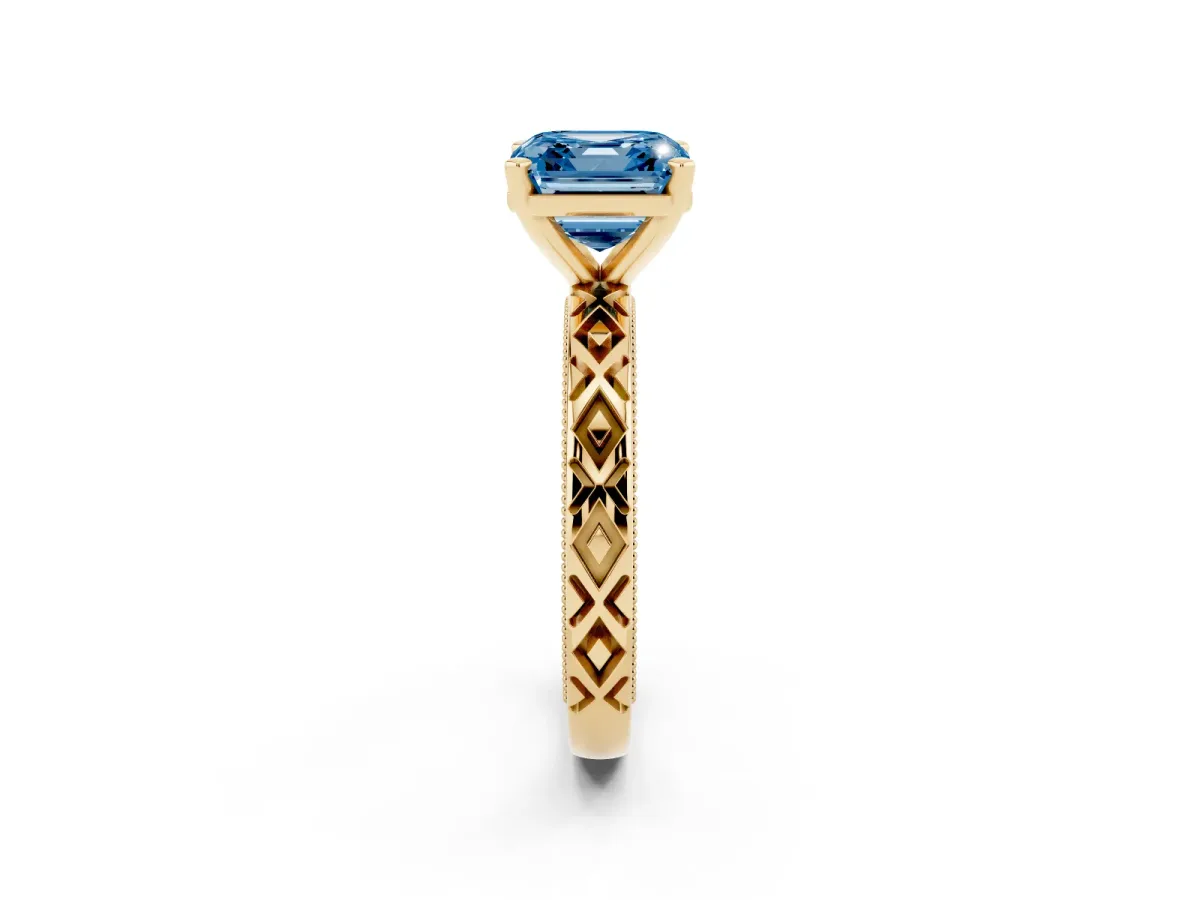 Fancy Blue Asscher Cut Solitaire Diamond Ring with Milgrain and Black Enamel X Pattern Band Yellow gold