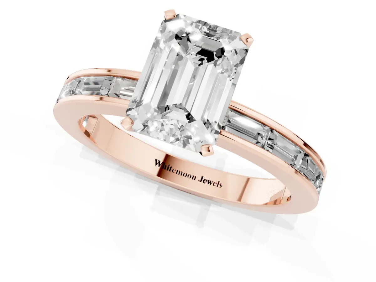 Emerald Cut Solitaire Diamond Ring with Channel-Set Baguette Band and Four-Prong Setting Rose gold