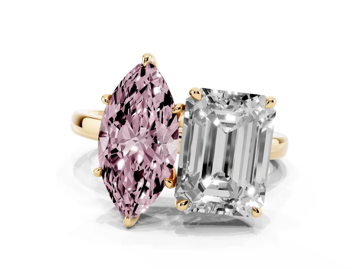 Fancy Pink Marquise Cut and Emerald Cut Toi Moi Ring with Prong Setting Yellow gold
