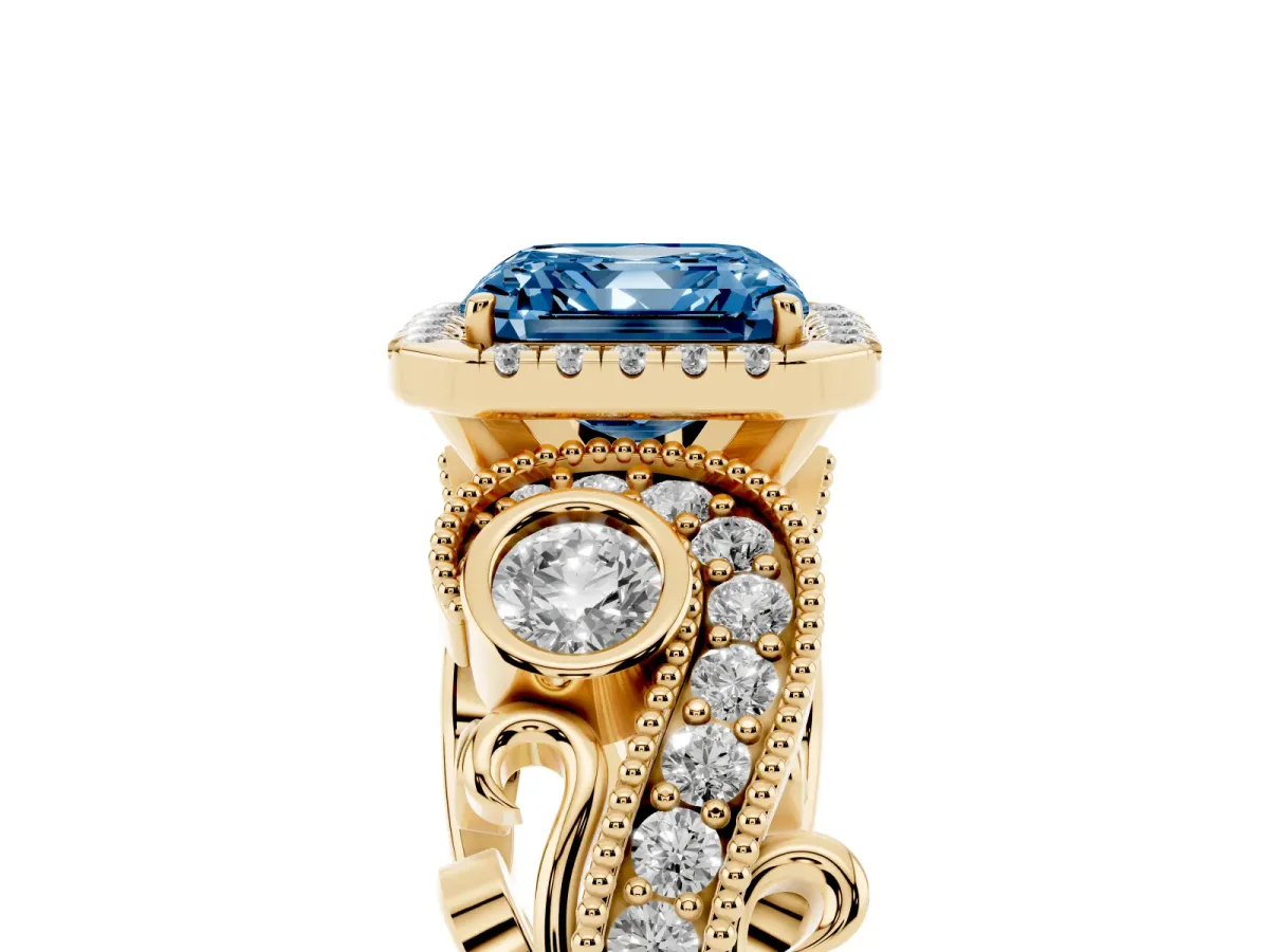 Fancy Blue Asscher Cut Diamond Halo Ring with Milgrain Pavé Band and Four-Prong Setting Yellow gold