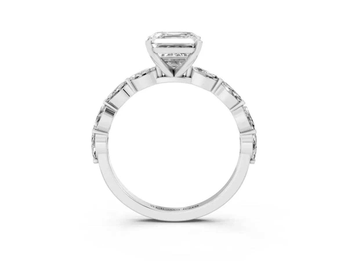 Asscher Cut Diamond Ring with Marquise Side Stones and Prong Setting Platinum