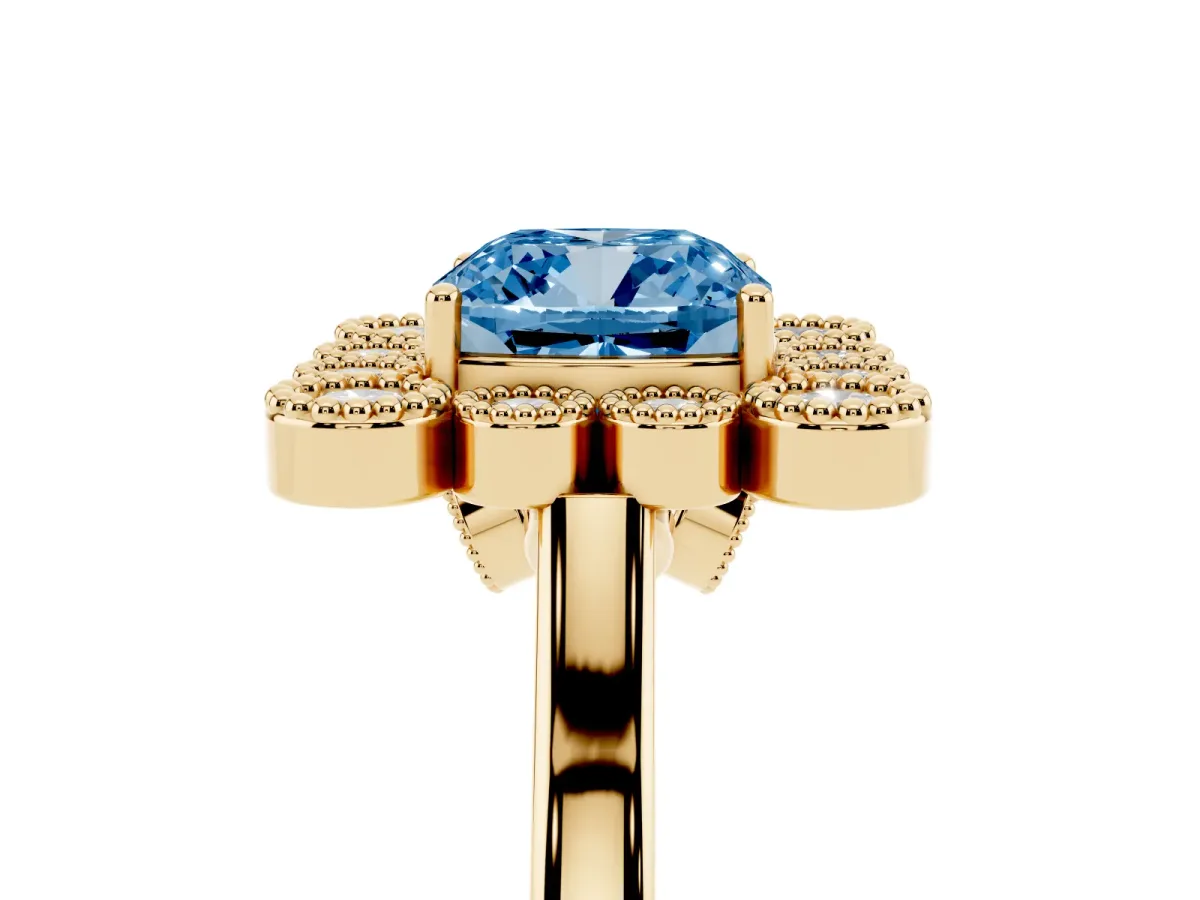 Fancy Blue Cushion Cut Halo Diamond Cluster Engagement Ring with Milgrain Bezel Setting and Solitaire Band Yellow gold