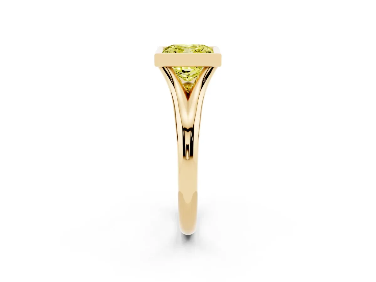 Fancy Yellow Bezel Set Princess Cut Solitaire Diamond Ring with Smooth Band Yellow gold