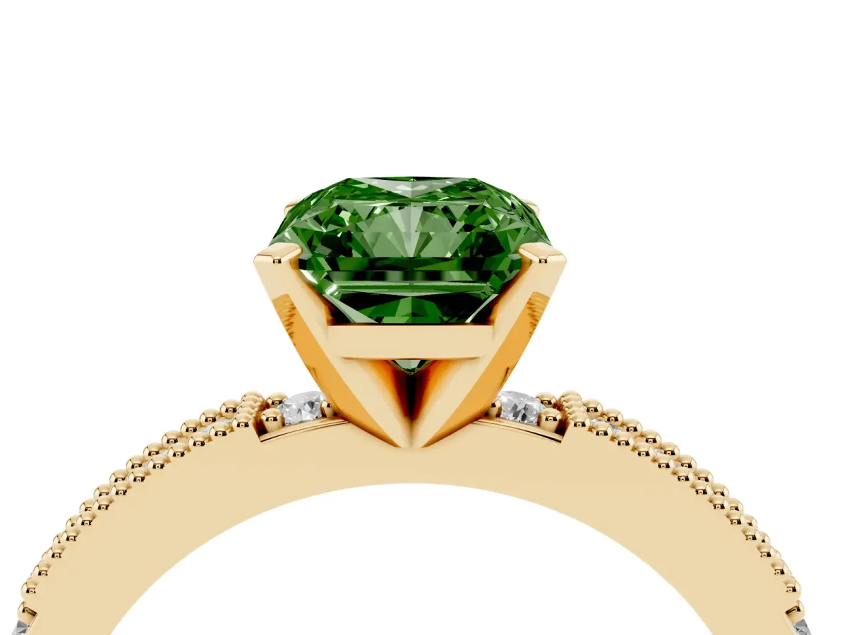 Fancy Green Radiant Cut Solitaire with Pavé Band and Four-Prong Setting Yellow gold