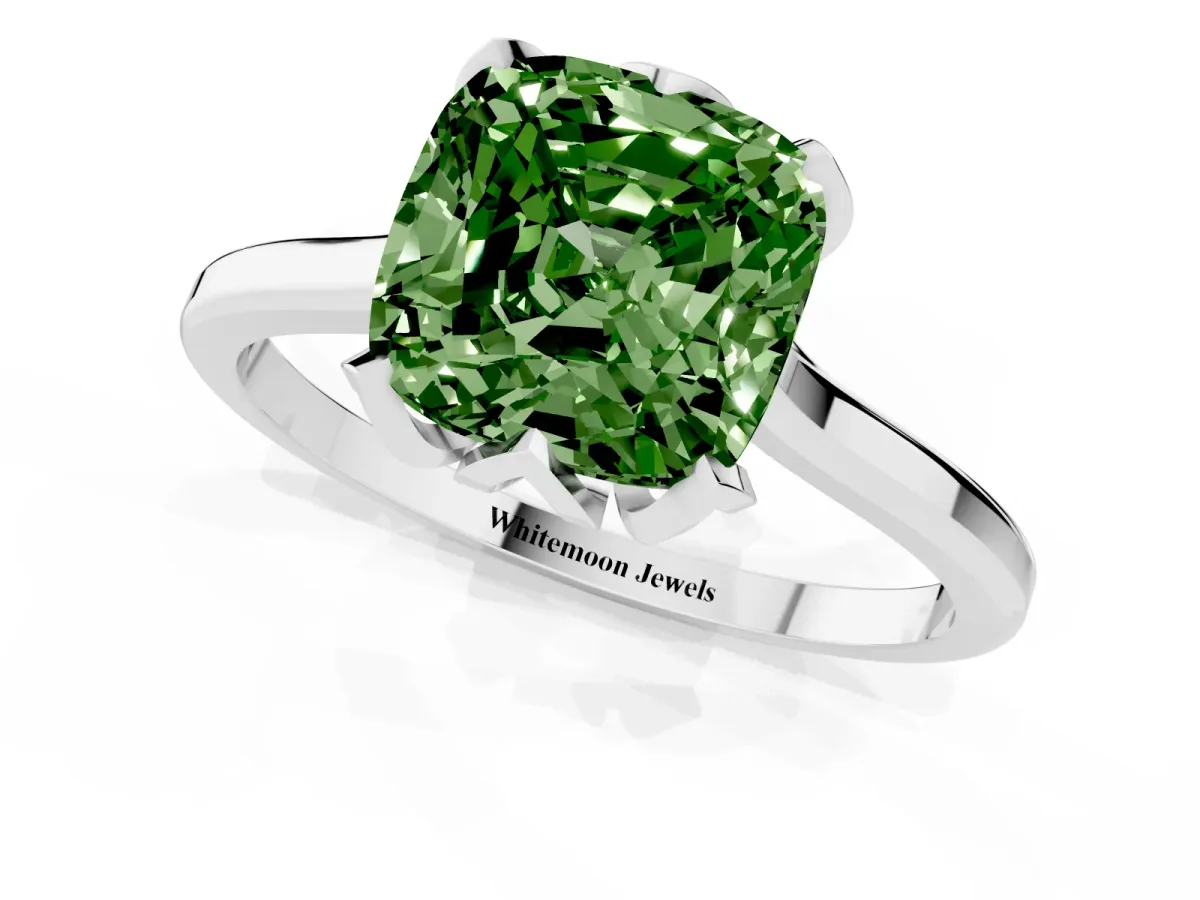 Fancy Green Cushion Cut Diamond Solitaire Ring with Flower Prong Setting and Classic Band Silver