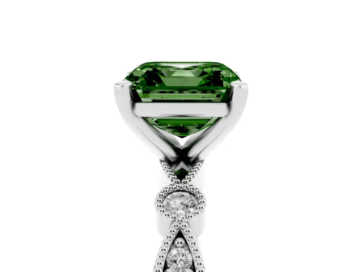 Fancy Green Asscher Cut Milgrain Bezel Diamond Engagement Ring with Solitaire Prong Setting Silver