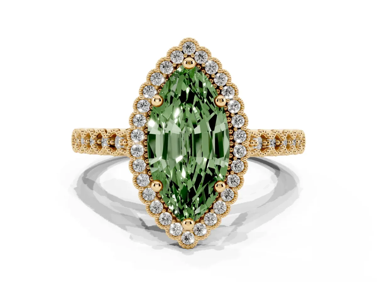 Fancy Green Marquise Cut Cut Halo Pavé Solitaire Ring with Milgrain Band Yellow gold