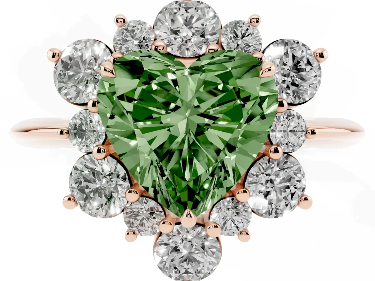 Fancy Green Heart Cut Diamond Cluster Halo Ring with Solitaire Band and Four-Prong Setting Rose gold