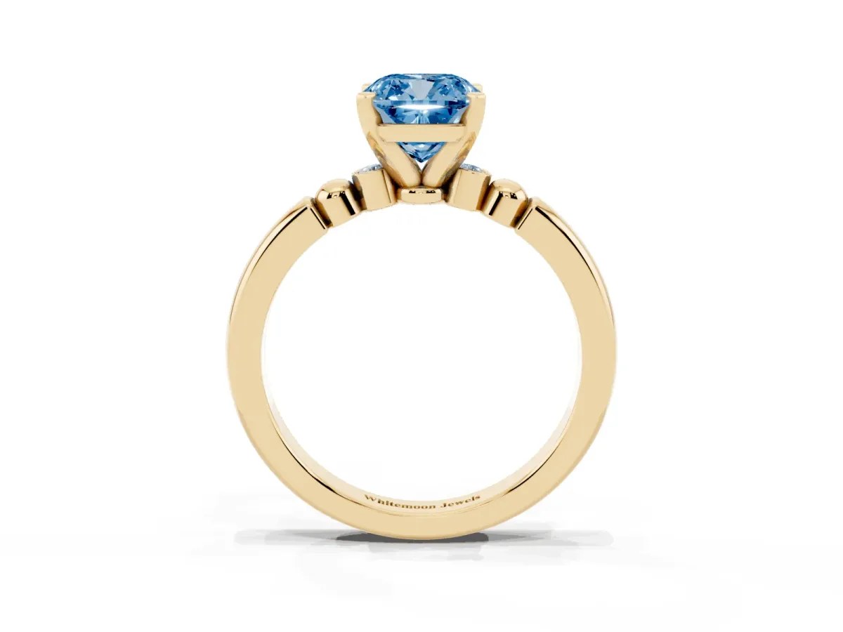 Fancy Blue Cushion Cut Solitaire Beaded Band with Four-Prong Setting Yellow gold