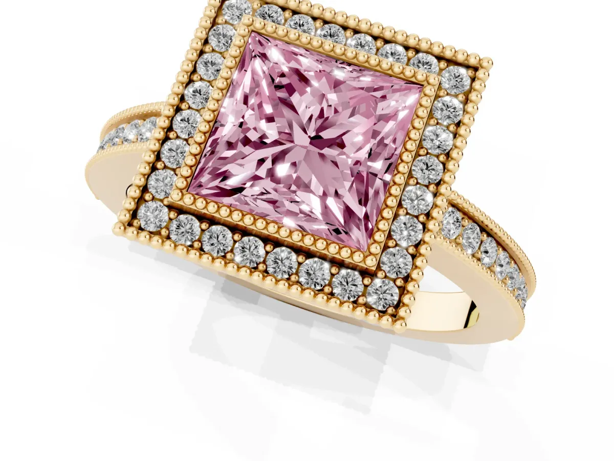 Fancy Pink Princess Cut Cut Halo Diamond Ring with Pavé Band and Milgrain Prong Setting Yellow gold