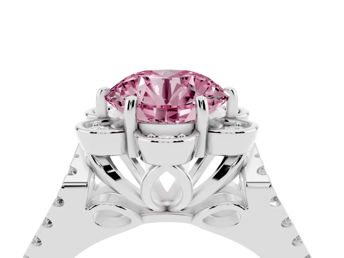 Fancy Pink Round Cut Halo Diamond Floral Split Shank Engagement Ring Silver
