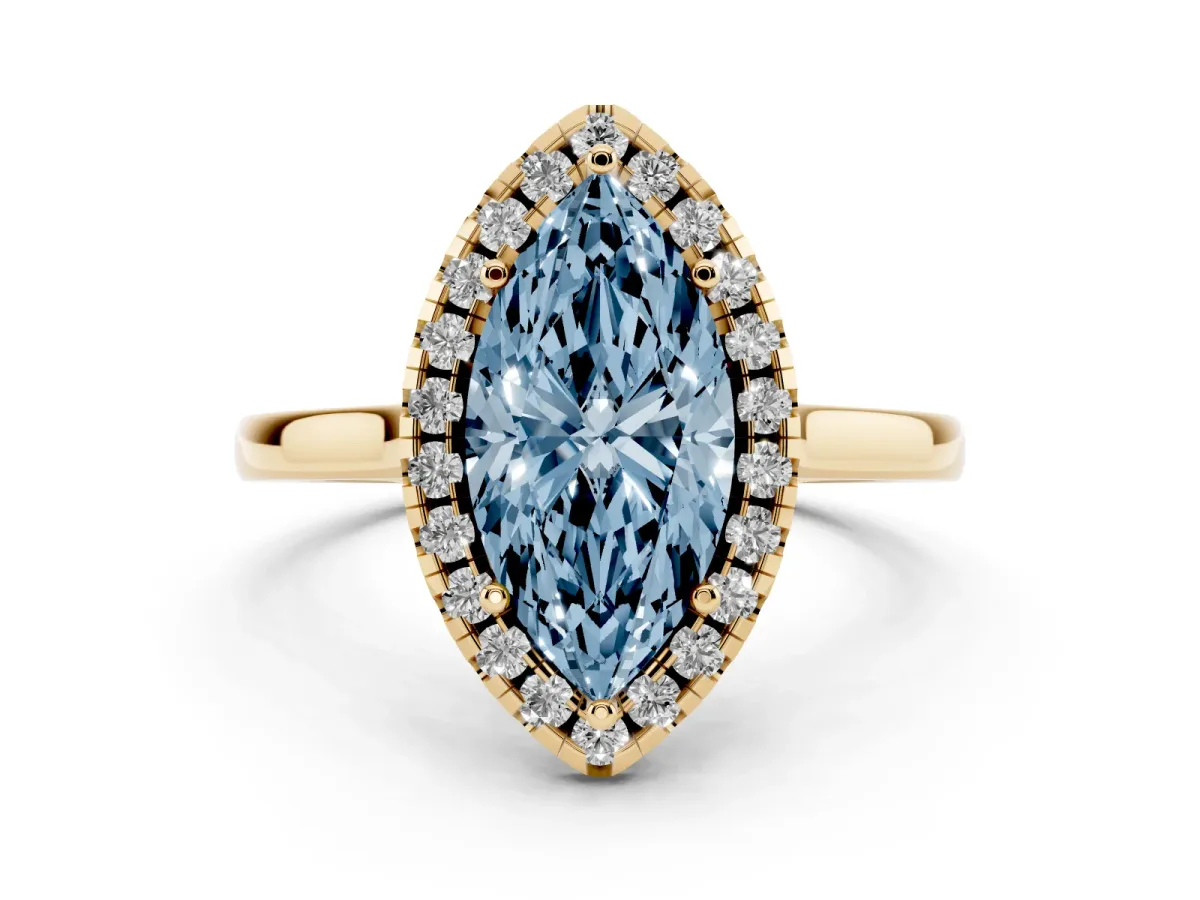 Fancy Blue Marquise Cut Halo Round Diamond Solitaire Ring with Pavé Band and Four-Prong Setting Yellow gold