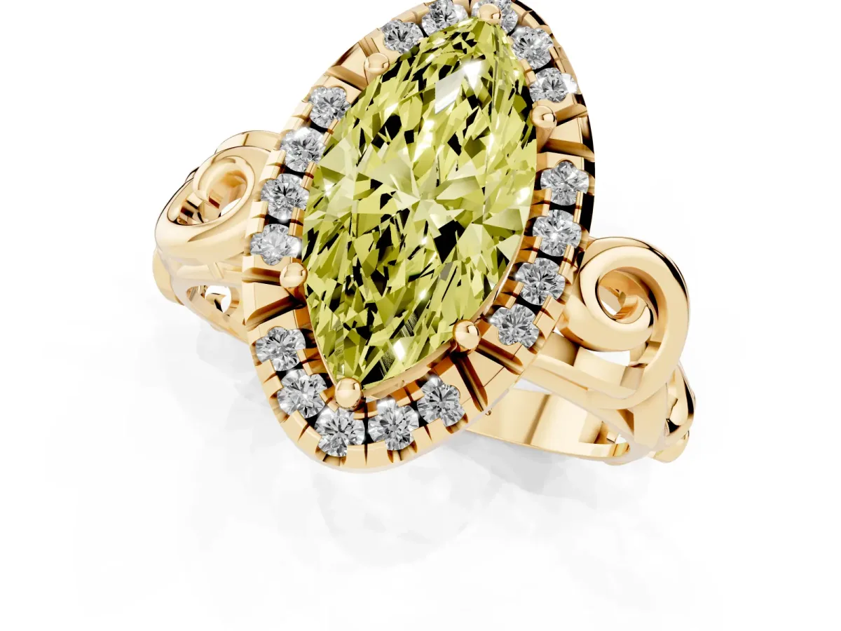 Fancy Yellow Marquise Cut Cut Halo Diamond Ring with Scrollwork Band and Four-Prong Setting Yellow gold