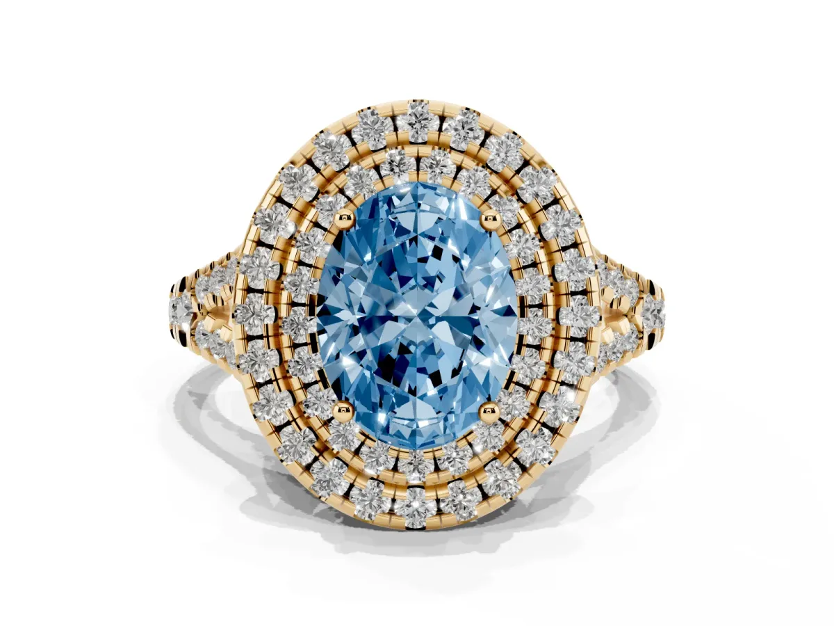 Fancy Blue Double Halo Oval Cut Diamond Pavé Split Shank Ring with Prong Setting Yellow gold