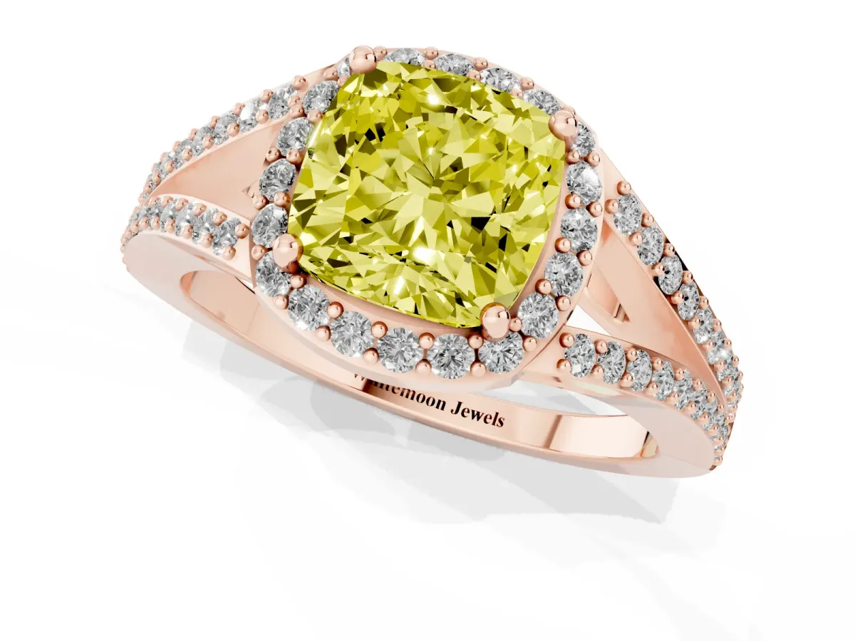 Fancy Yellow Cushion Cut Halo Split Shank Pave Diamond Ring with Four-Prong Setting Rose gold