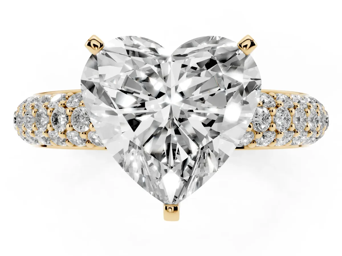 Heart Cut Diamond Solitaire Ring with Prong Setting and Pavé Band Yellow gold