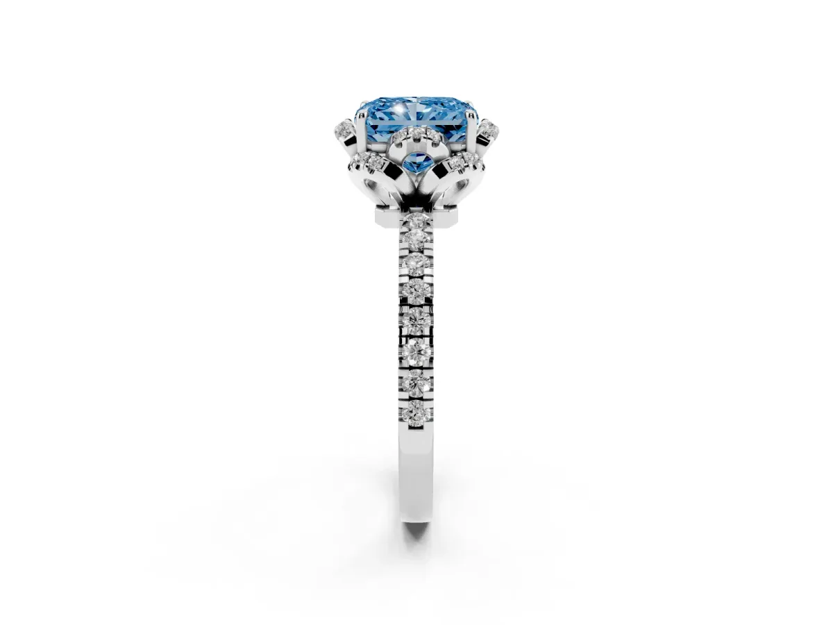 Fancy Blue Radiant Cut Halo Diamond Pave Band Ring with Four-Prong Setting Silver