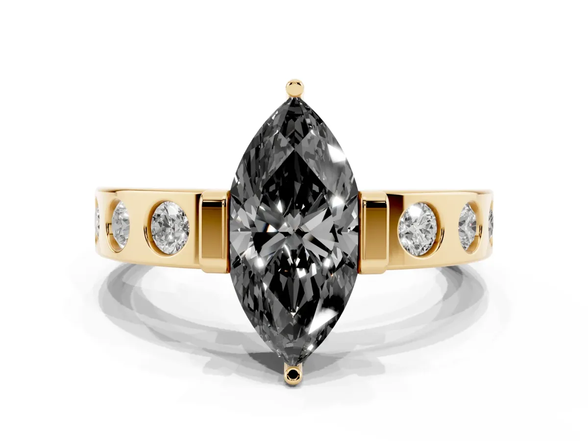 Fancy Black Marquise Cut Brilliant Channel-Set Diamond Ring with Bezel Prong Setting Yellow gold