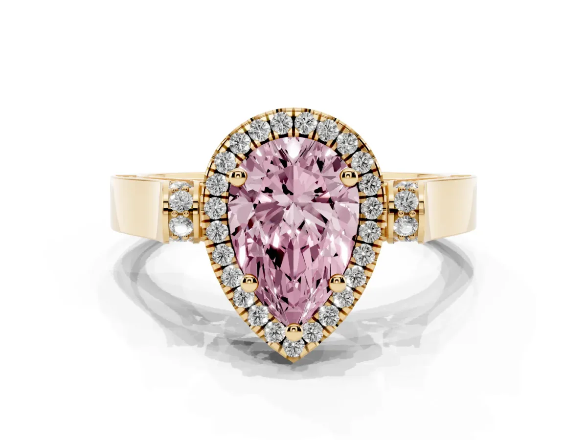 Fancy Pink Pear Cut Halo Pave Split Shank Prong Setting Ring Yellow gold