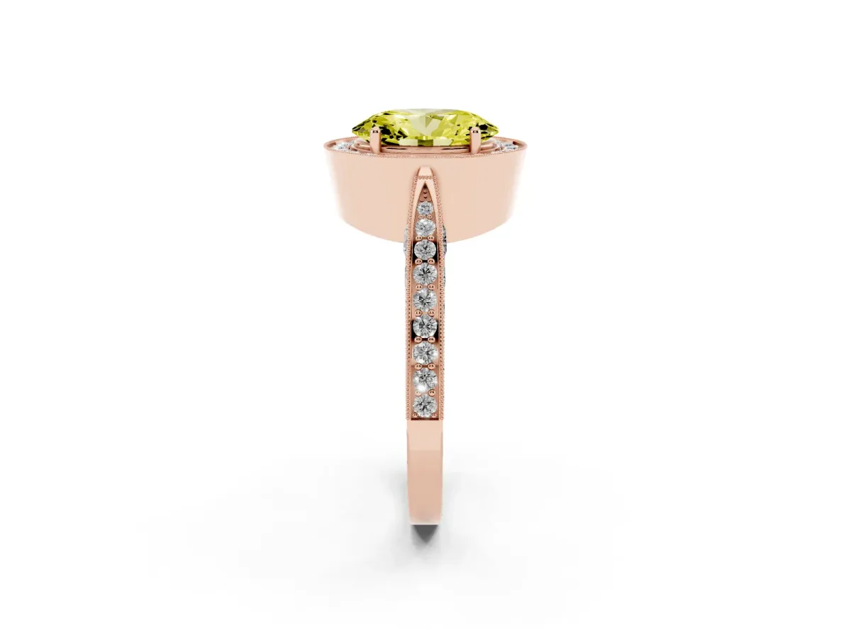 Fancy Yellow Oval Cut Halo Diamond Engagement Ring with Split Shank Band and Four-Prong Setting Rose gold