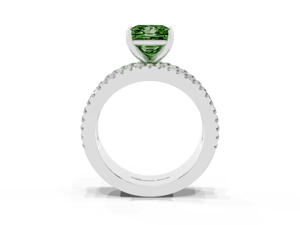 Fancy Green Princess Cut Diamond Solitaire Ring with Pavé and Channel Set Band Platinum