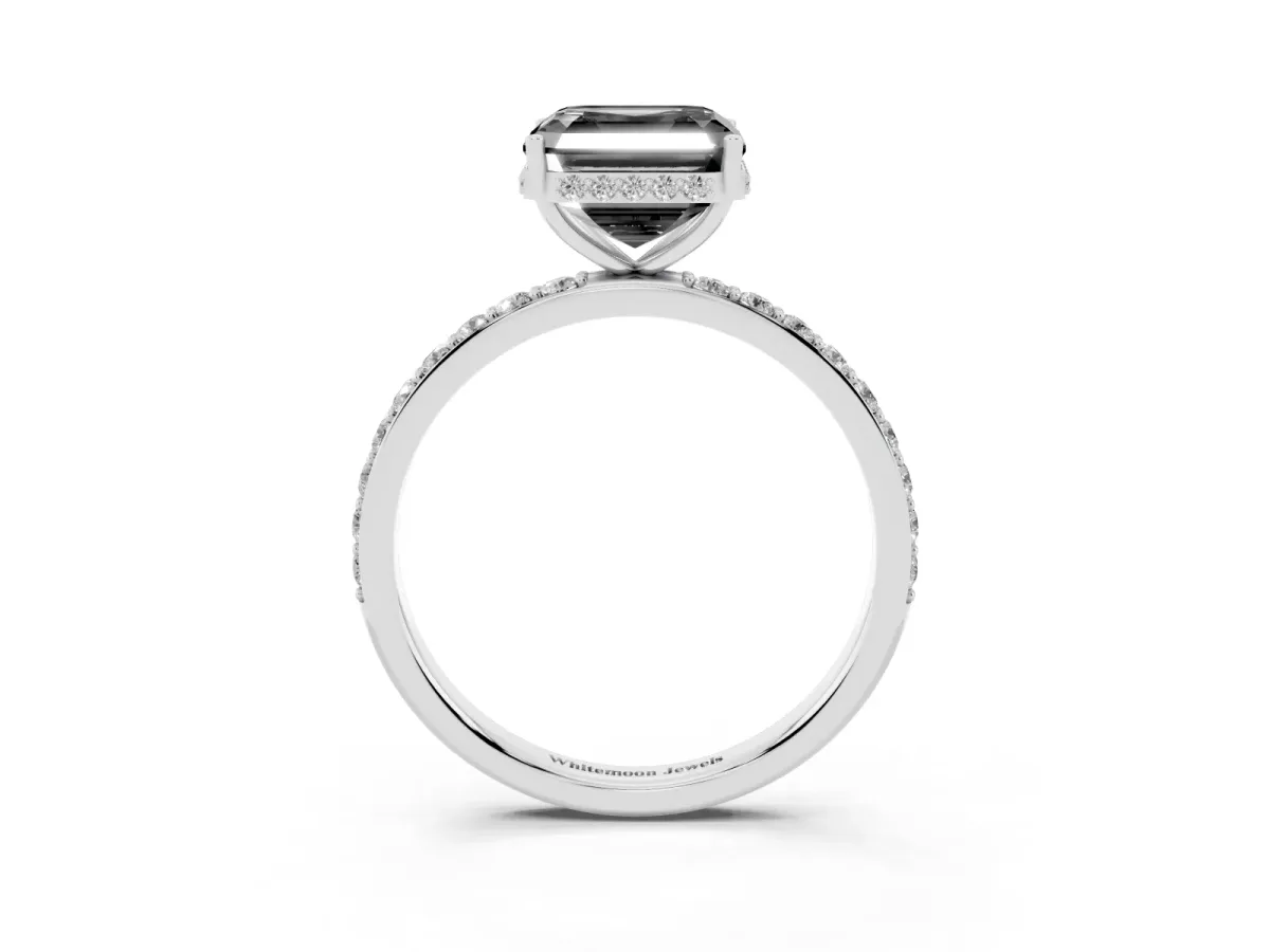 Fancy Black Asscher Cut Diamond Solitaire Ring with Pavé Band and Hidden Halo Silver