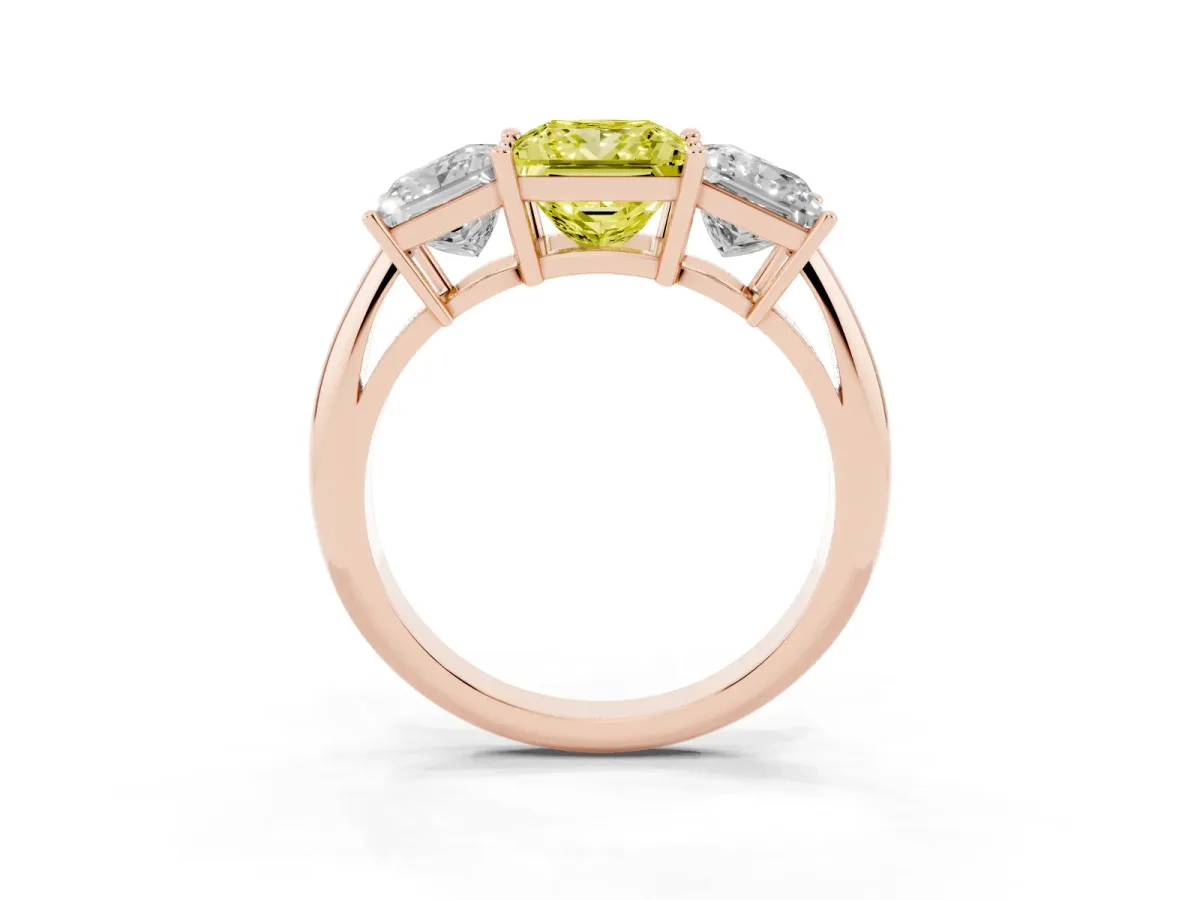 Fancy Yellow Three-Stone Princess Cut Cut Diamond Engagement Ring with Prong Setting on a White Gold Band Rose gold