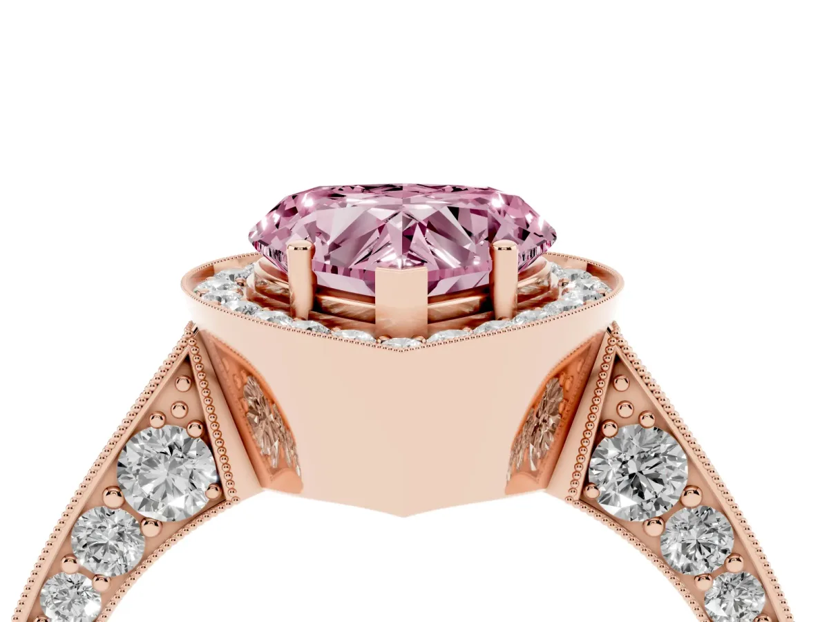 Fancy Pink Heart Cut Halo Diamond Engagement Ring with Split Shank Band and Four-Prong Setting Rose gold