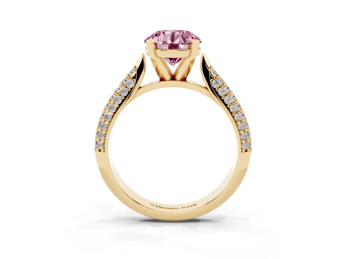 Fancy Pink Round Cut Diamond Solitaire Engagement Ring with Multi-Row Round Pavé Band and Prong Setting Yellow gold
