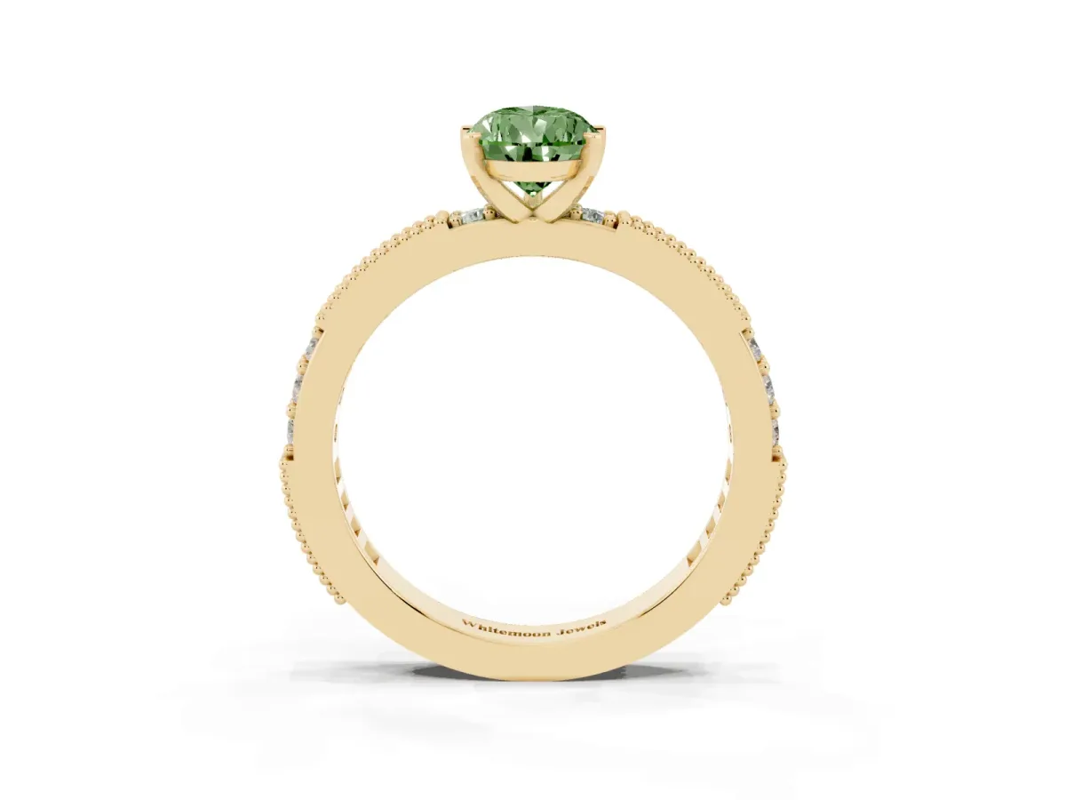 Fancy Green Pear Cut Solitaire with Pavé Band and Four-Prong Setting Yellow gold