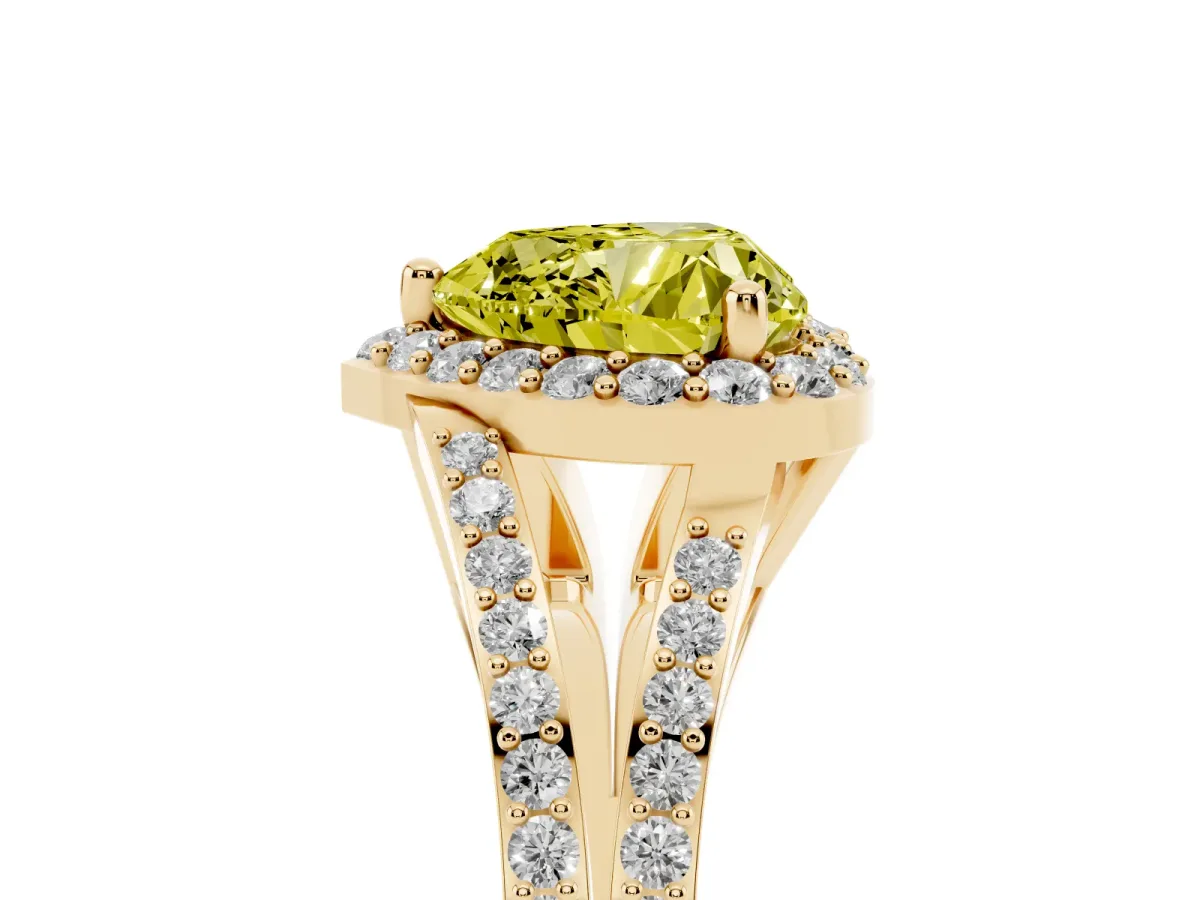 Fancy Yellow Heart Cut Halo Split Shank Pave Diamond Ring with Four-Prong Setting Yellow gold
