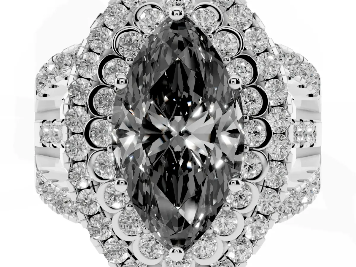 Fancy Black Marquise Cut Diamond Double Halo Ring with Round Pavé Split Shank and Prong Setting Silver