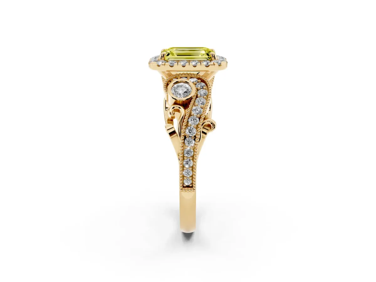 Fancy Yellow Emerald Cut Halo Diamond Ring with Milgrain and Bezel Accents on a Split Shank Band Yellow gold