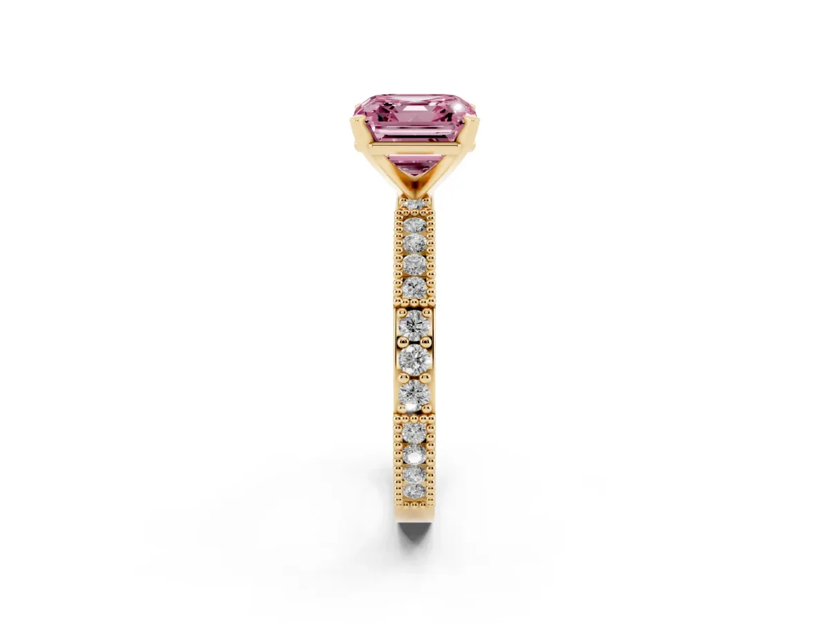 Fancy Pink Asscher Cut Solitaire with Pavé Band and Four-Prong Setting Yellow gold