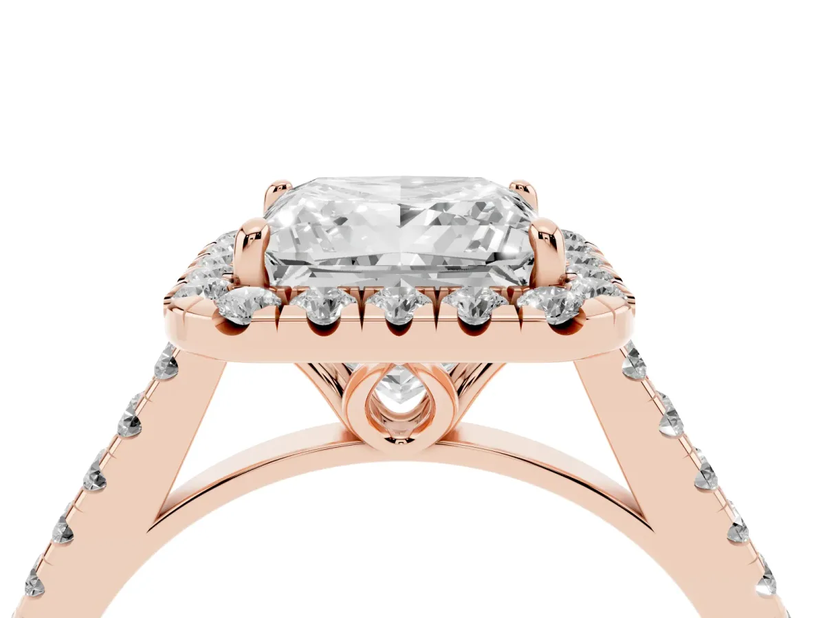 Princess Cut Halo Pavé Diamond Engagement Ring with Four-Prong Setting Rose gold
