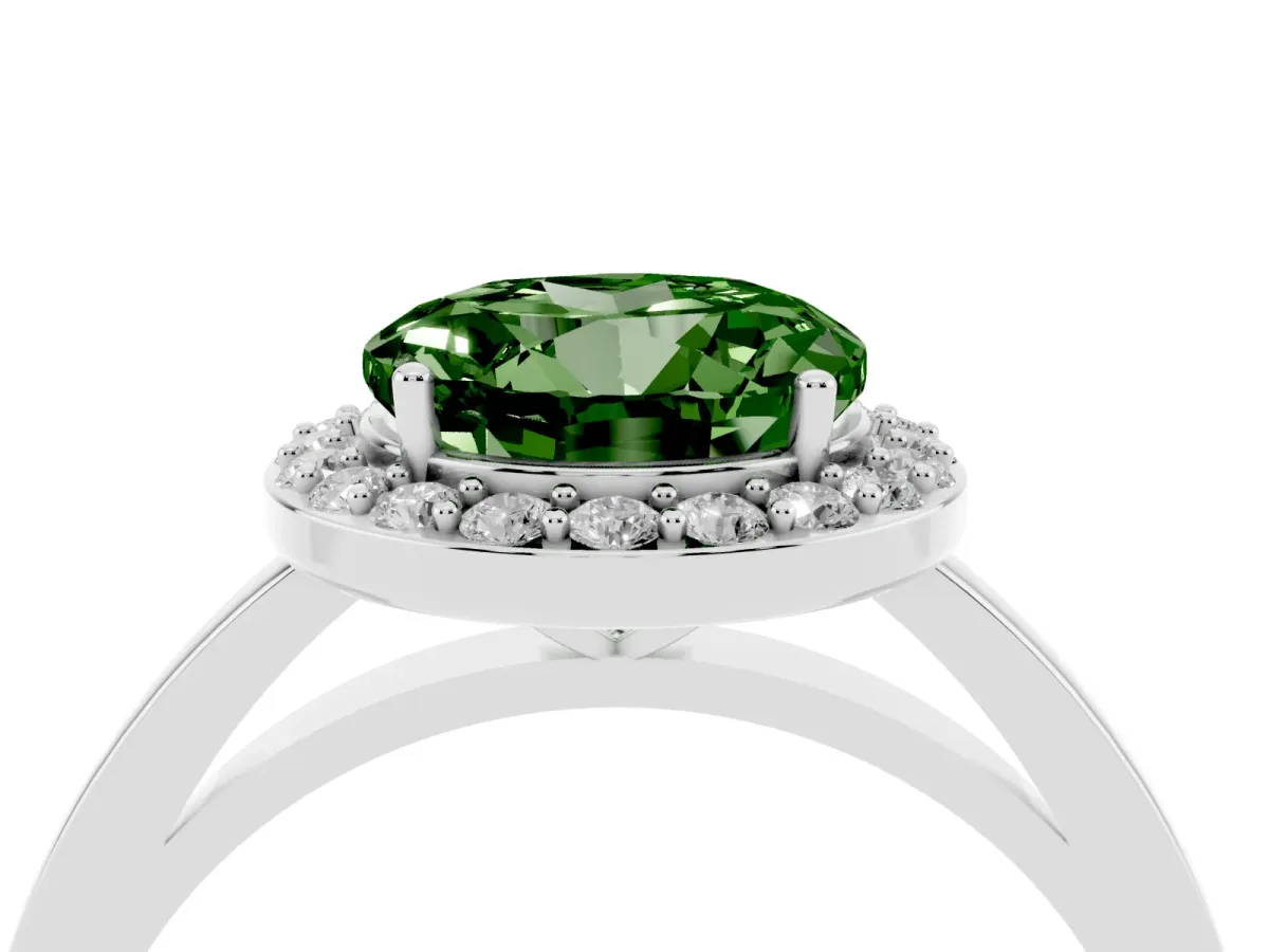 Fancy Green Round Cut Halo Diamond Ring with Solitaire Band and Prong Setting Silver