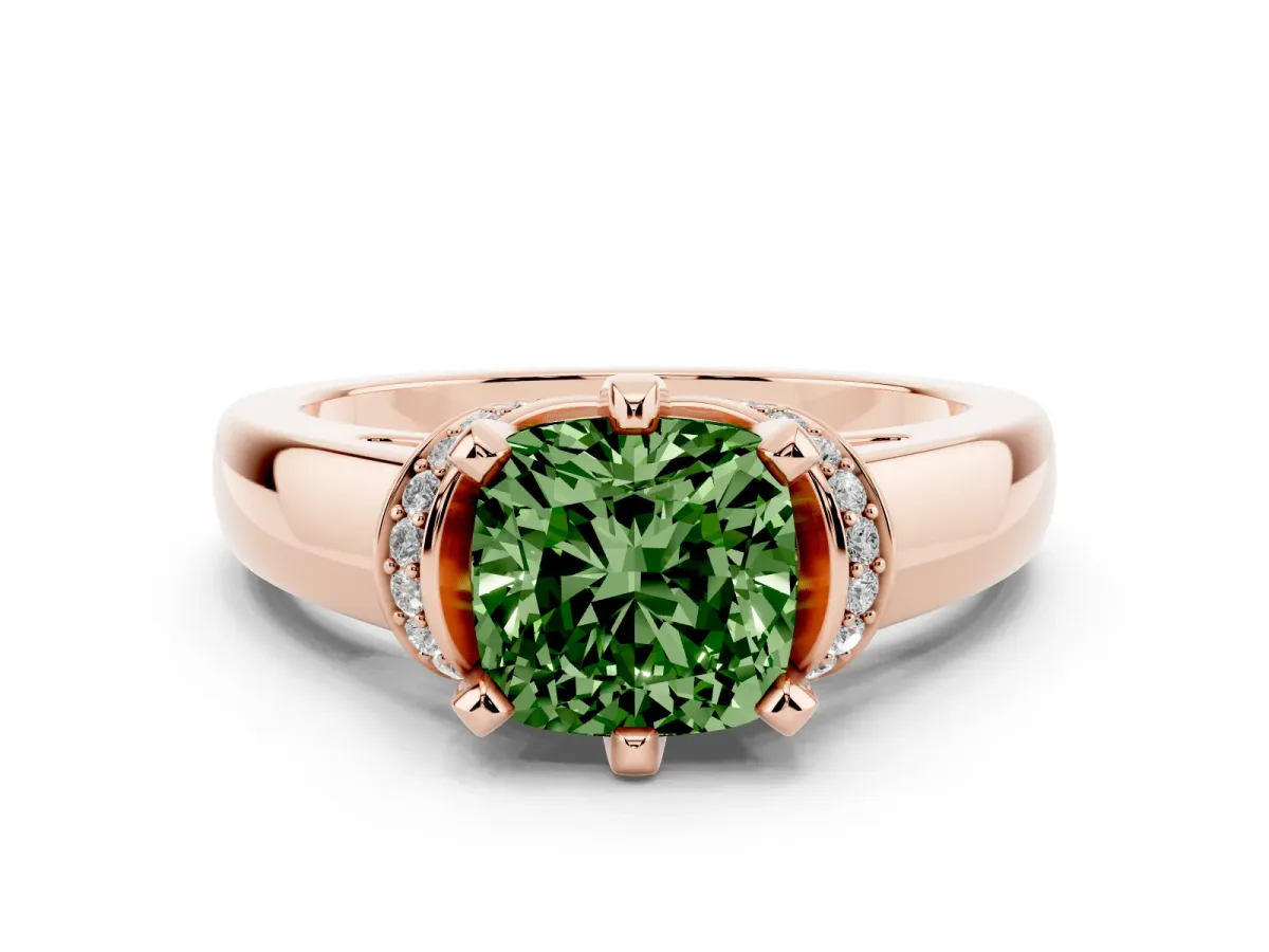 Fancy Green Cushion Cut Solitaire Diamond Ring with Pave Band and Six-Prong Setting Rose gold
