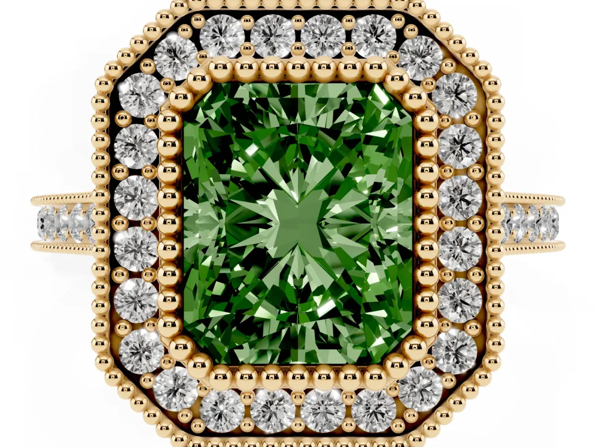 Fancy Green Radiant Cut Diamond Halo Ring with Milgrain Frame and Pavé Band Yellow gold