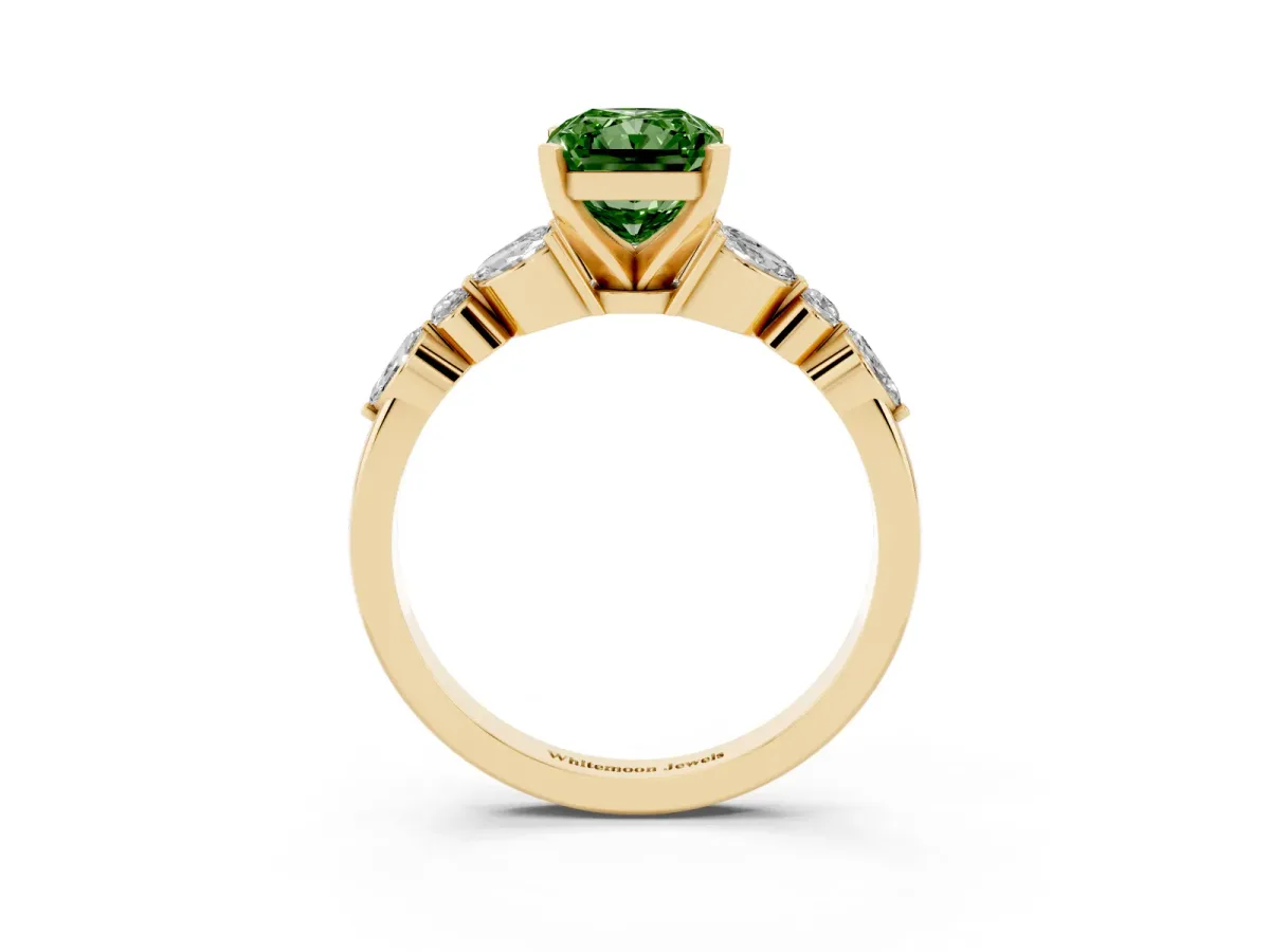Fancy Green Radiant Cut Diamond Solitaire Ring with Side Stones and Four-Prong Setting Yellow gold