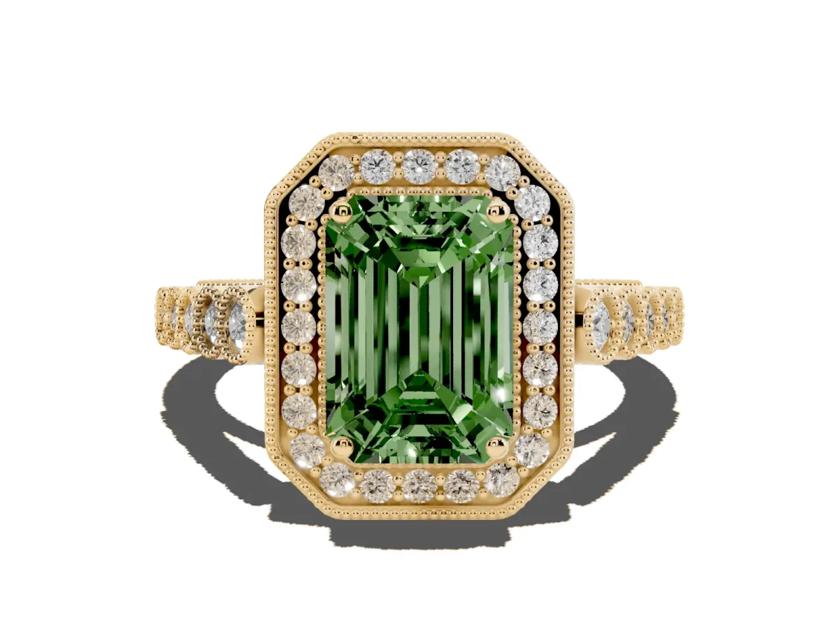 Fancy Green Emerald Cut Halo Milgrain Solitaire with Bezel Set Side Stones and Pave Band Yellow gold