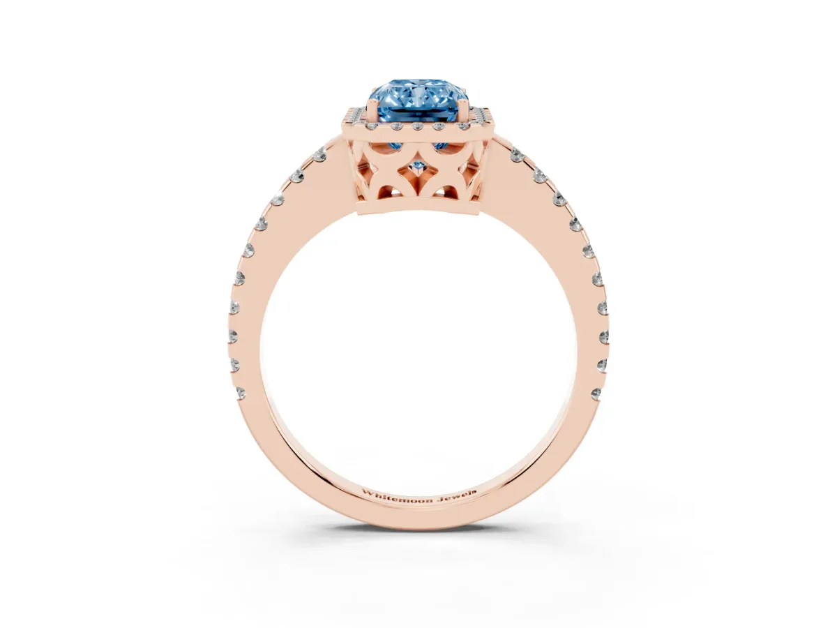 Fancy Blue Radiant Cut Diamond Halo Engagement Ring with Pavé Band and Prong Setting Rose gold