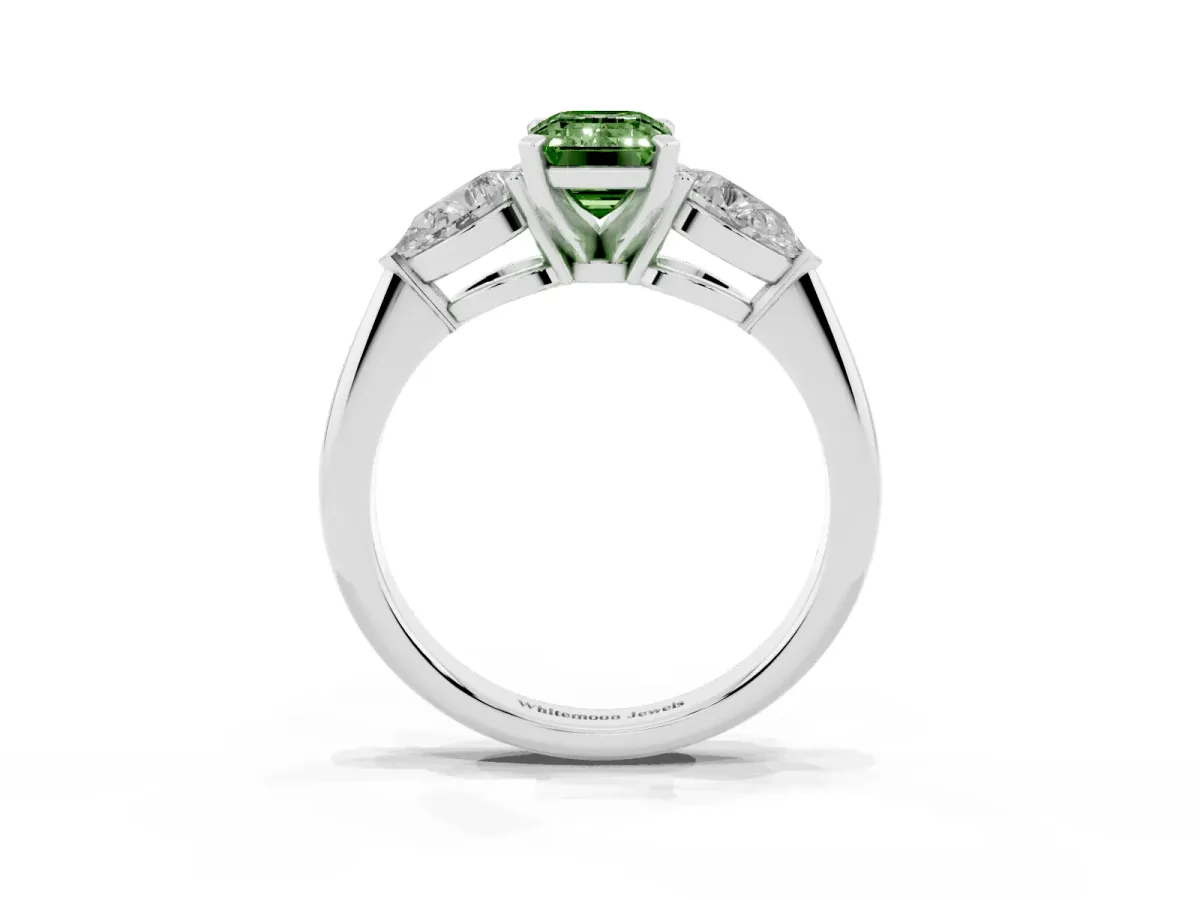 Fancy Green Three-Stone Emerald Cut Diamond Ring with Pear Side Stones and Four-Prong Setting Silver