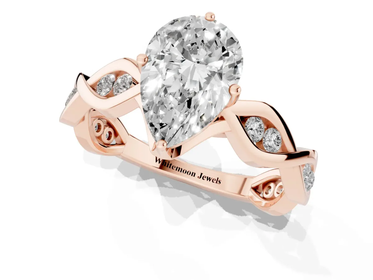 Pear Cut Solitaire Twist Band with Leaf Prong Setting Rose gold