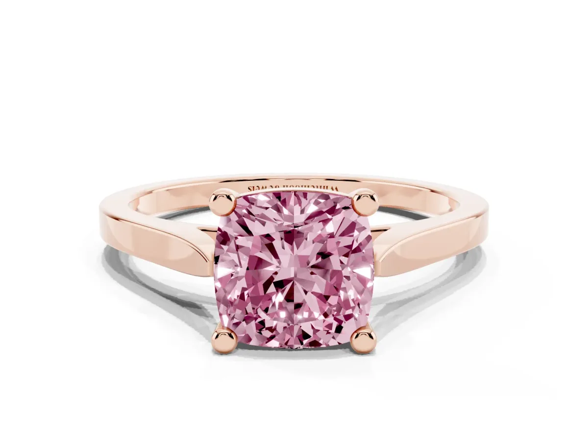 Fancy Pink Cushion Cut Solitaire Diamond Ring with Four-Prong Setting and Tapered Band Rose gold