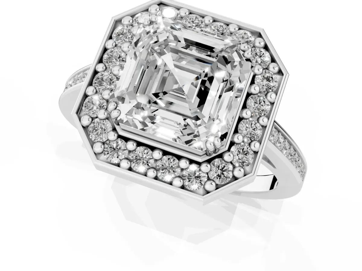 Asscher Cut Diamond Halo Ring with Split Shank and Four-Prong Setting Silver