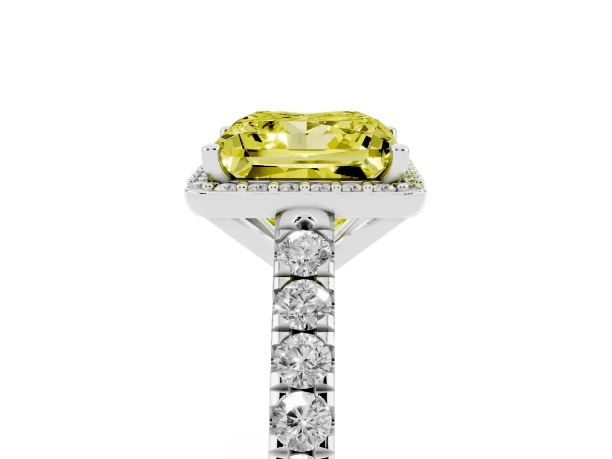 Fancy Yellow Princess Cut Cut Halo Diamond Engagement Ring with Pave Band and Four-Prong Setting Platinum