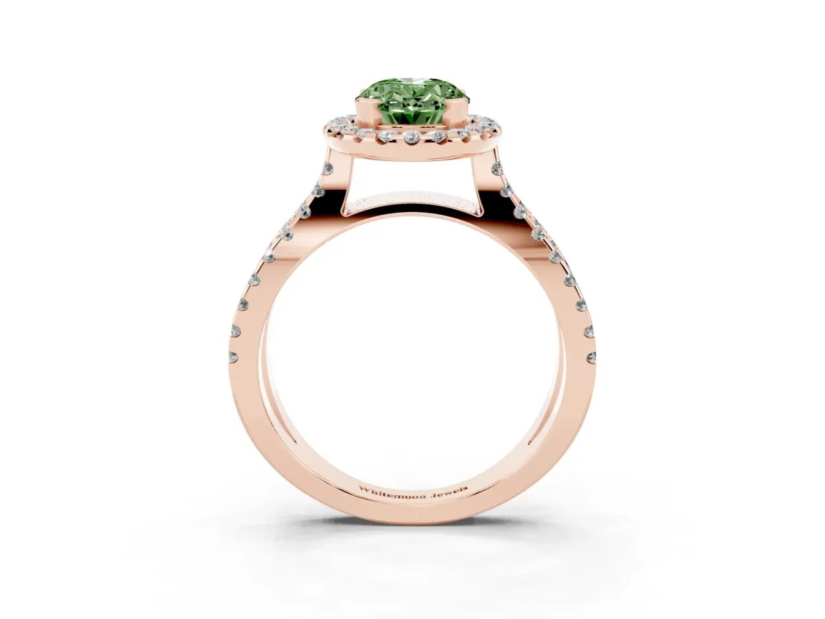 Fancy Green Oval Cut Diamond Halo Ring with Split Shank Pavé Band and Prong Setting Rose gold
