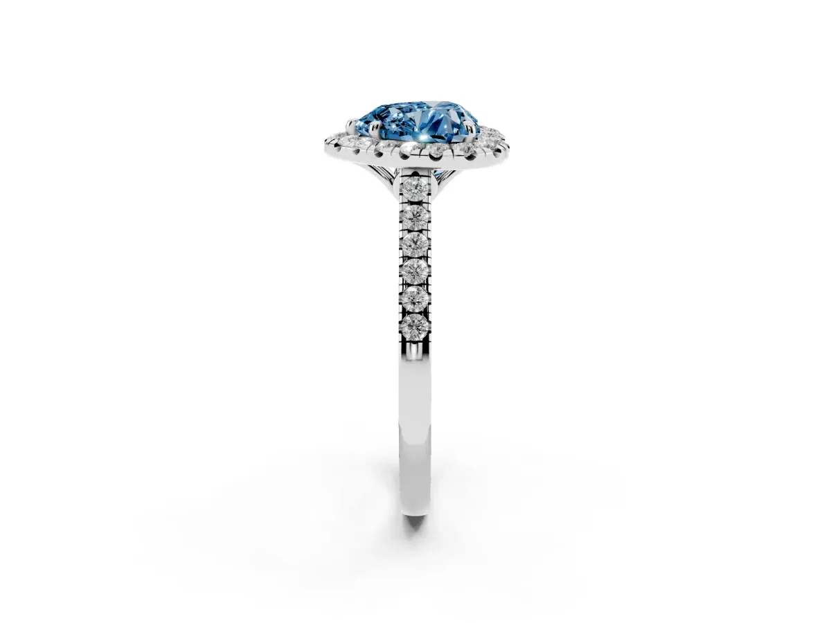 Fancy Blue Heart Cut Halo Pavé Diamond Engagement Ring with Four-Prong Setting Silver